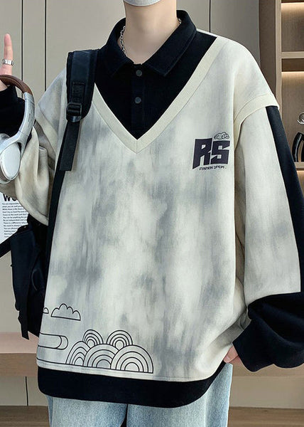 Cotton Button Black Mens Sweatshirts Patchwork Print Chic Spring FashionChic