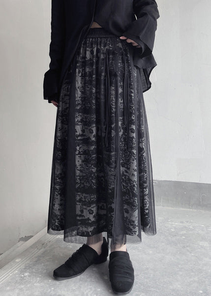 Chic Black Print Elastic Waist Patchwork Tulle Skirt Summer OP1038 Ada Fashion