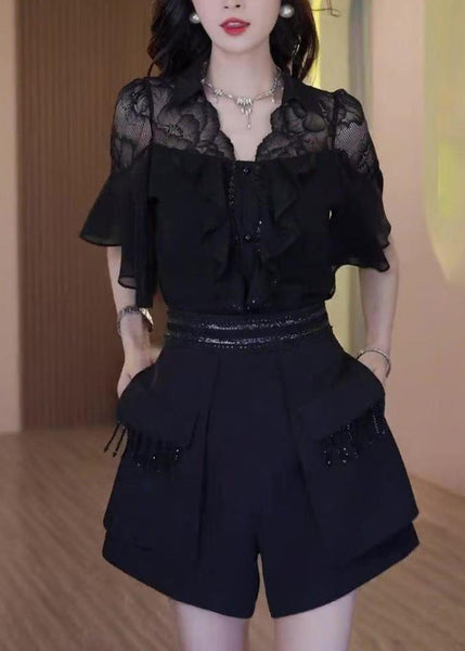 Outfits Patchwork Summer Black Two Piece Chic Set Ruffled Lace FashionChic