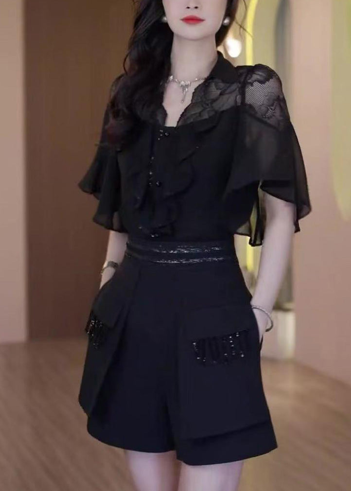Outfits Patchwork Summer Black Two Piece Chic Set Ruffled Lace FashionChic