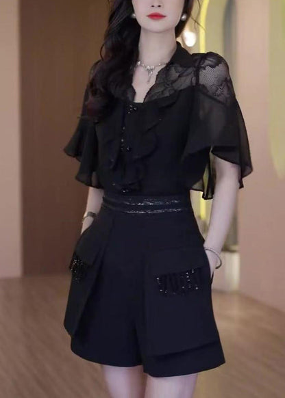 Outfits Patchwork Summer Black Two Piece Chic Set Ruffled Lace FashionChic
