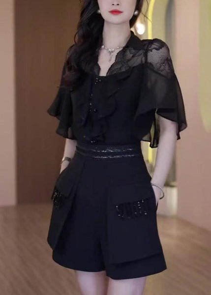 Outfits Patchwork Summer Black Two Piece Chic Set Ruffled Lace FashionChic