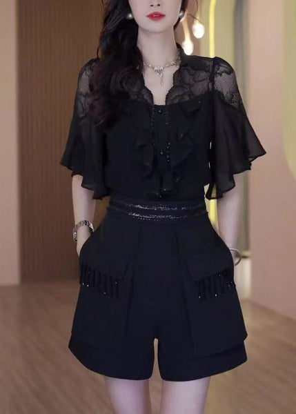 Outfits Patchwork Summer Black Two Piece Chic Set Ruffled Lace FashionChic