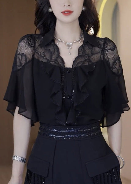 Outfits Patchwork Summer Black Two Piece Chic Set Ruffled Lace FashionChic