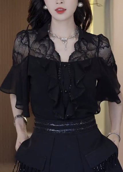 Outfits Patchwork Summer Black Two Piece Chic Set Ruffled Lace FashionChic