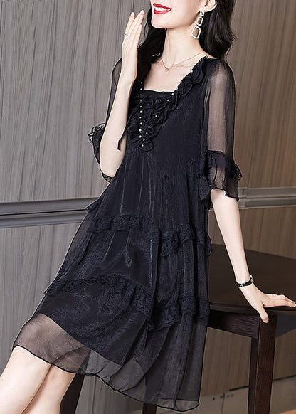 Chic Summer Chiffon Patchwork Ruffled Black Dress FashionChic