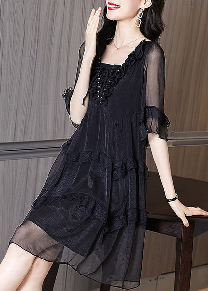 Chic Summer Chiffon Patchwork Ruffled Black Dress FashionChic