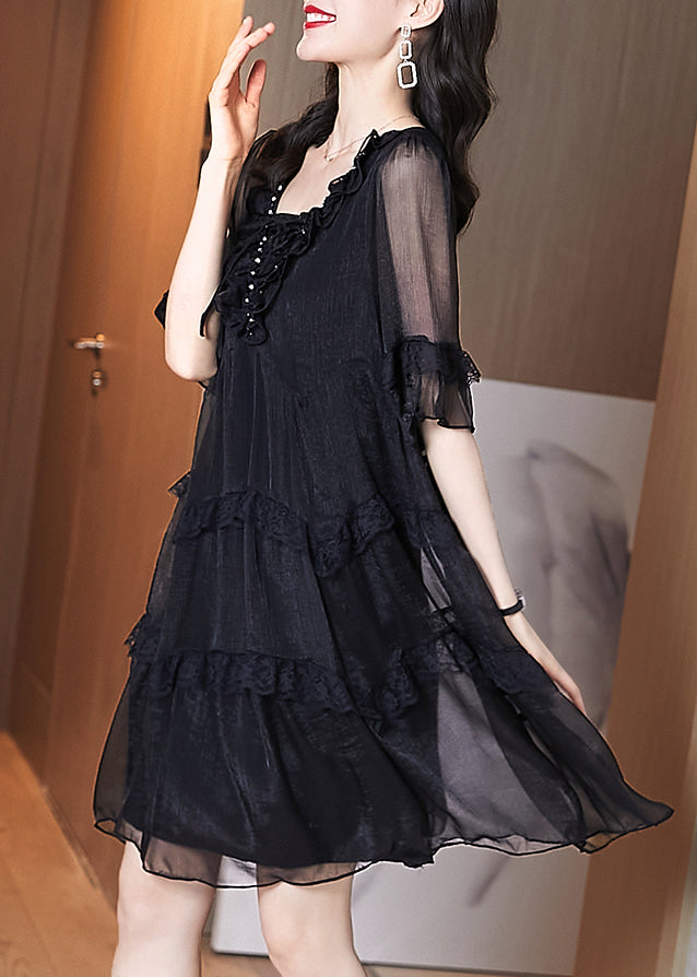 Chic Summer Chiffon Patchwork Ruffled Black Dress FashionChic