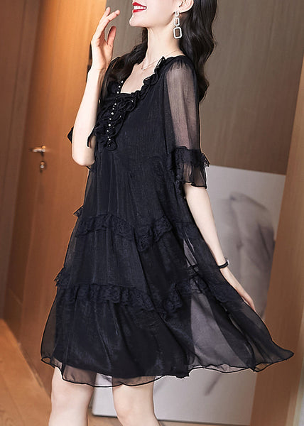 Chic Summer Chiffon Patchwork Ruffled Black Dress FashionChic