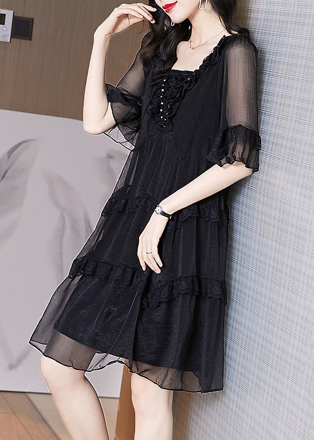 Chic Summer Chiffon Patchwork Ruffled Black Dress FashionChic