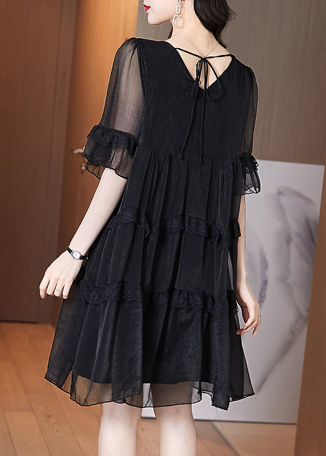 Chic Summer Chiffon Patchwork Ruffled Black Dress FashionChic