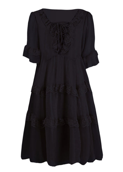 Chic Summer Chiffon Patchwork Ruffled Black Dress FashionChic