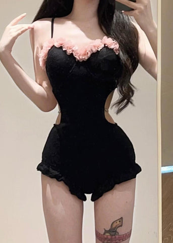 Chic Hollow Out Tulle Patchwork Black Ruffled Bodysuit FashionChic