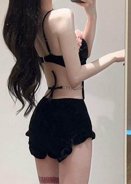 Chic Hollow Out Tulle Patchwork Black Ruffled Bodysuit FashionChic