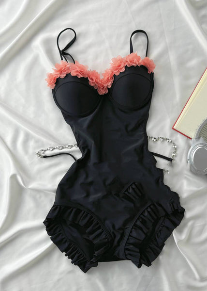 Chic Hollow Out Tulle Patchwork Black Ruffled Bodysuit FashionChic