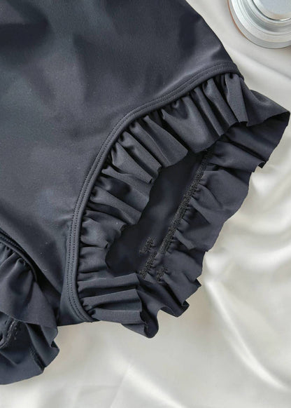 Chic Hollow Out Tulle Patchwork Black Ruffled Bodysuit FashionChic