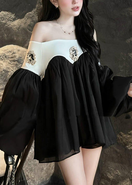 Lantern Chic Dress Chiffon Patchwork Neck Mid Black Slash Sleeve FashionChic