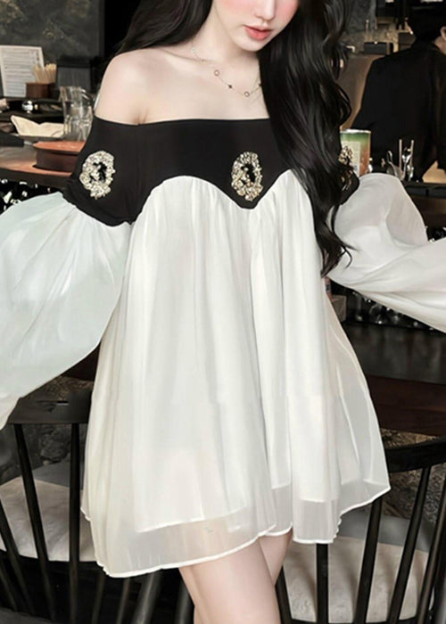 Lantern Chic Dress Chiffon Patchwork Neck Mid Black Slash Sleeve FashionChic