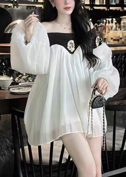 Lantern Chic Dress Chiffon Patchwork Neck Mid Black Slash Sleeve FashionChic