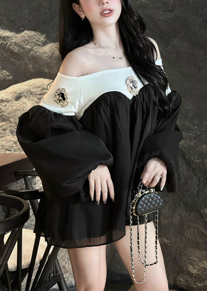 Lantern Chic Dress Chiffon Patchwork Neck Mid Black Slash Sleeve FashionChic