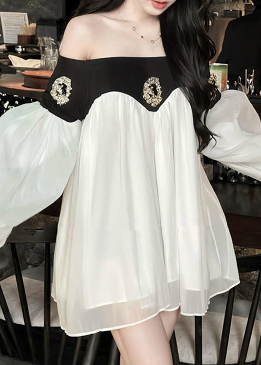 Lantern Chic Dress Chiffon Patchwork Neck Mid Black Slash Sleeve FashionChic
