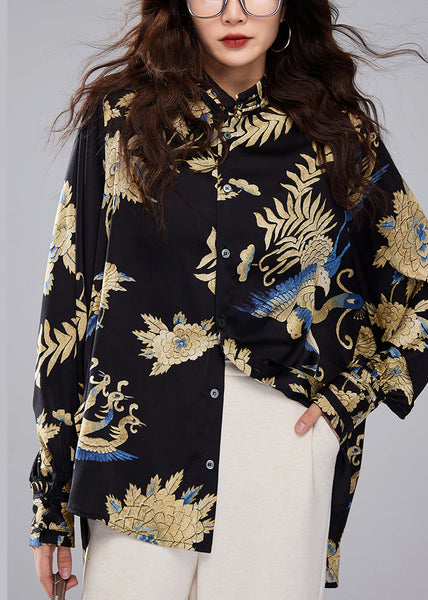 Chic Black Stand Collar Button Print Silk Blouses Fall AC1002 Genistyle Shop
