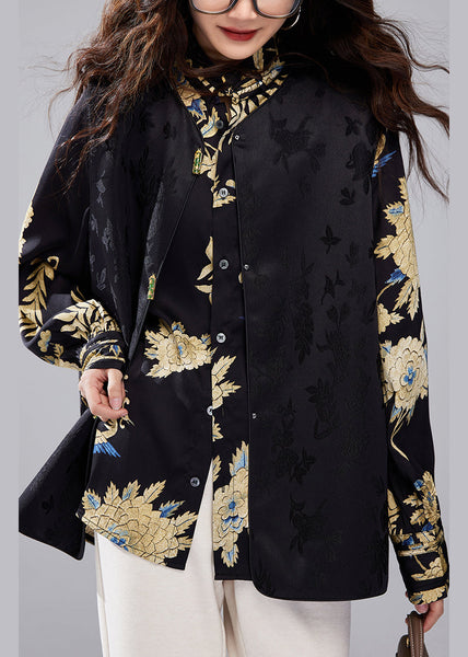 Chic Black Stand Collar Button Print Silk Blouses Fall AC1002 Genistyle Shop
