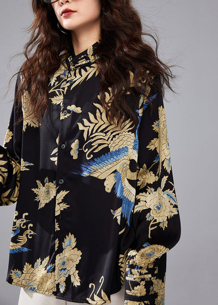 Chic Black Stand Collar Button Print Silk Blouses Fall AC1002 Genistyle Shop