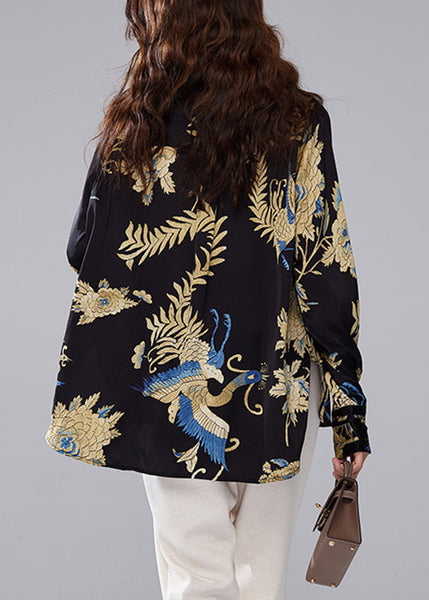 Chic Black Stand Collar Button Print Silk Blouses Fall AC1002 Genistyle Shop