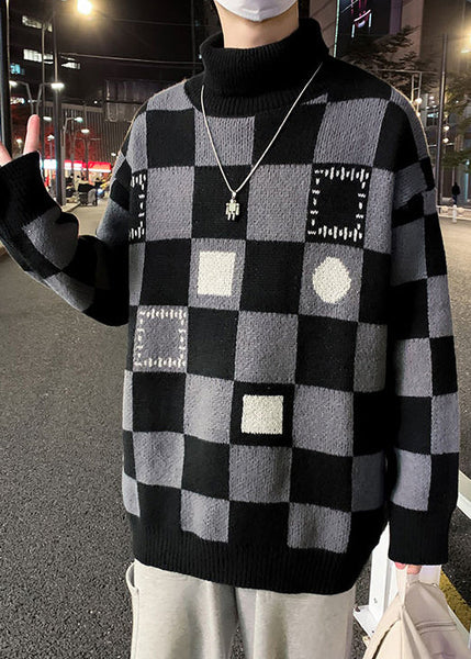 Chic Black Turtleneck Plaid Knit Men Sweaters Pullover Winter RJ049 ABC