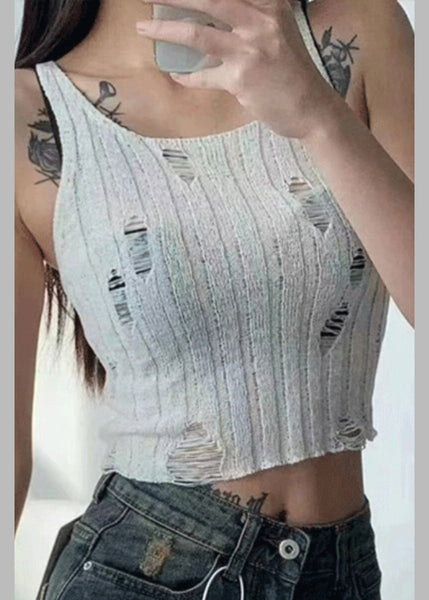 Black Sleeveless Knit Hollow Neck Tanks U Hole Chic Out FashionChic