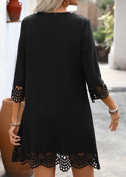 V A Sleeve Neck Half Chic Line Dresses Mid Black FashionChic