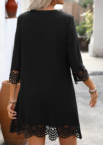 V A Sleeve Neck Half Chic Line Dresses Mid Black FashionChic