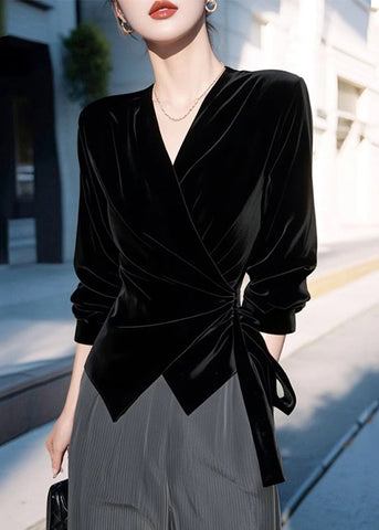 Waist Silk Shirt Neck V Spring Velvet Tie Chic Black FashionChic