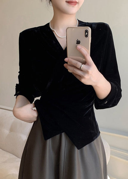 Waist Silk Shirt Neck V Spring Velvet Tie Chic Black FashionChic