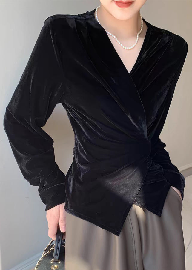 Waist Silk Shirt Neck V Spring Velvet Tie Chic Black FashionChic