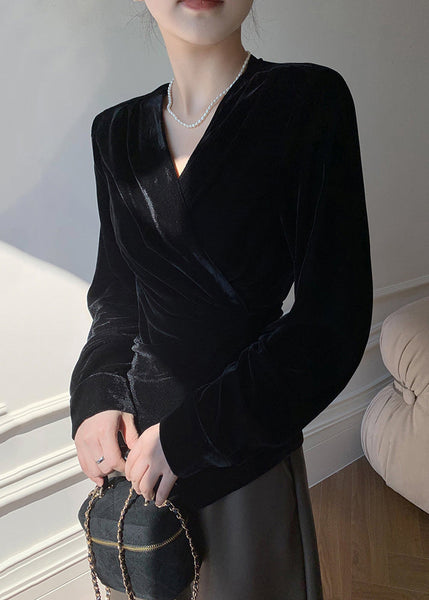 Waist Silk Shirt Neck V Spring Velvet Tie Chic Black FashionChic