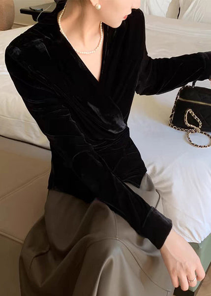Waist Silk Shirt Neck V Spring Velvet Tie Chic Black FashionChic