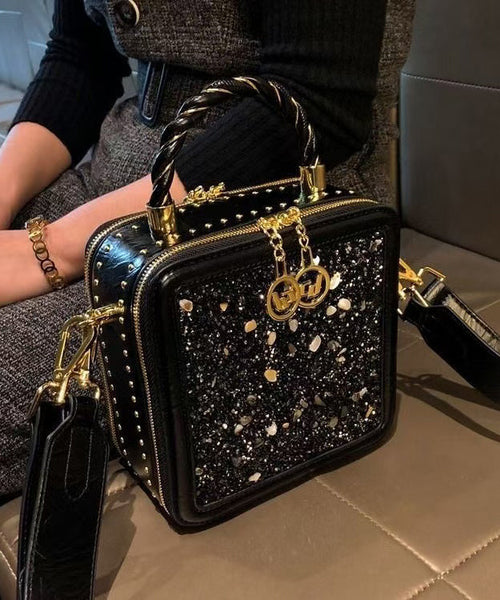 Calf Leather Mini Zircon Black Chic Bag Versatile FashionChic