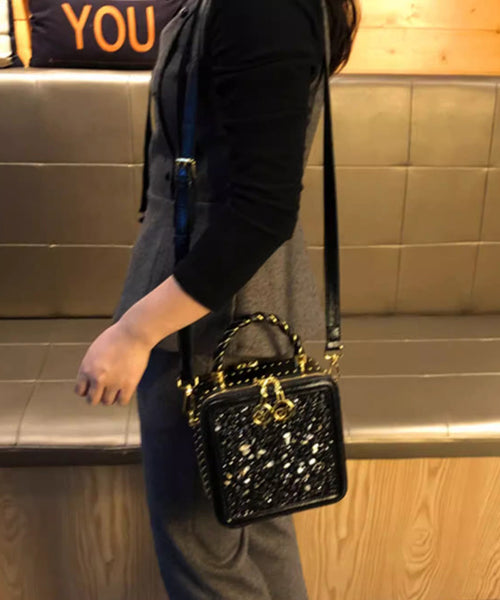 Calf Leather Mini Zircon Black Chic Bag Versatile FashionChic