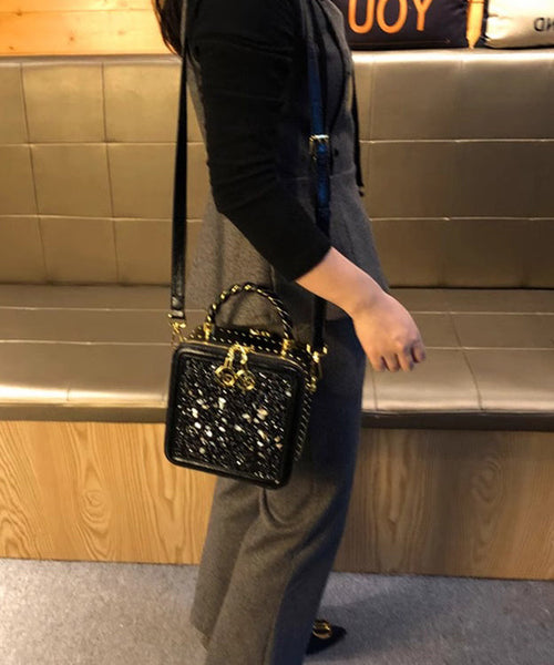 Calf Leather Mini Zircon Black Chic Bag Versatile FashionChic