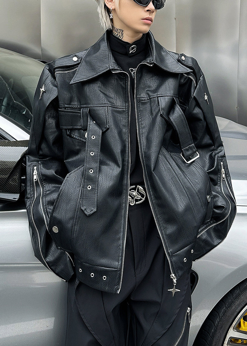 Chic Black Zip Up Faux Leather Mens Coats Peter Pan Collar Spring RN028 ABC