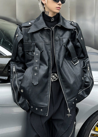 Chic Black Zip Up Faux Leather Mens Coats Peter Pan Collar Spring RN028 ABC