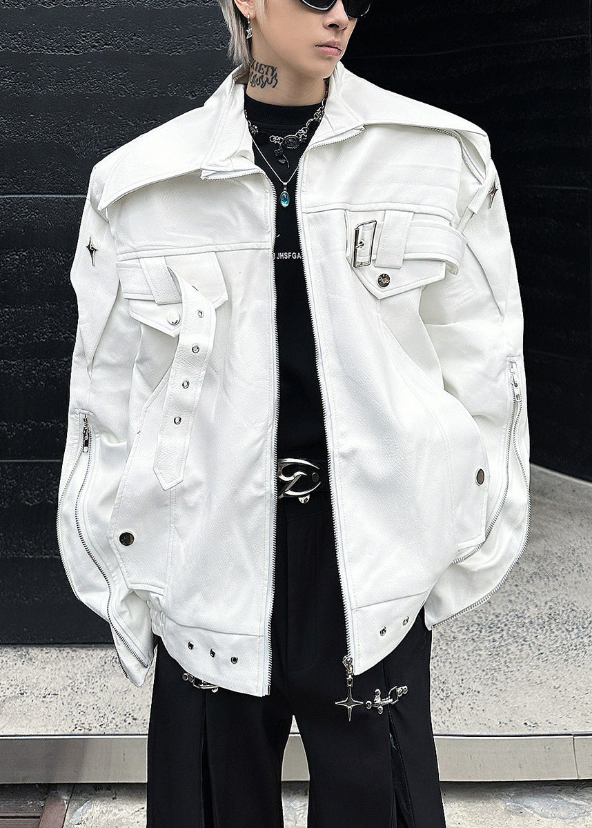 Chic Black Zip Up Faux Leather Mens Coats Peter Pan Collar Spring RN028 ABC