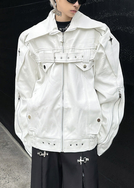 Chic Black Zip Up Faux Leather Mens Coats Peter Pan Collar Spring RN028 ABC