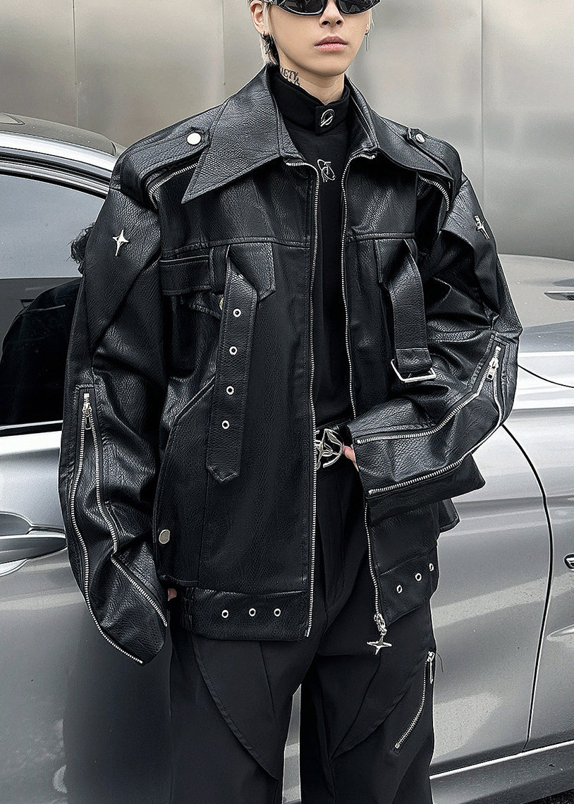 Chic Black Zip Up Faux Leather Mens Coats Peter Pan Collar Spring RN028 ABC