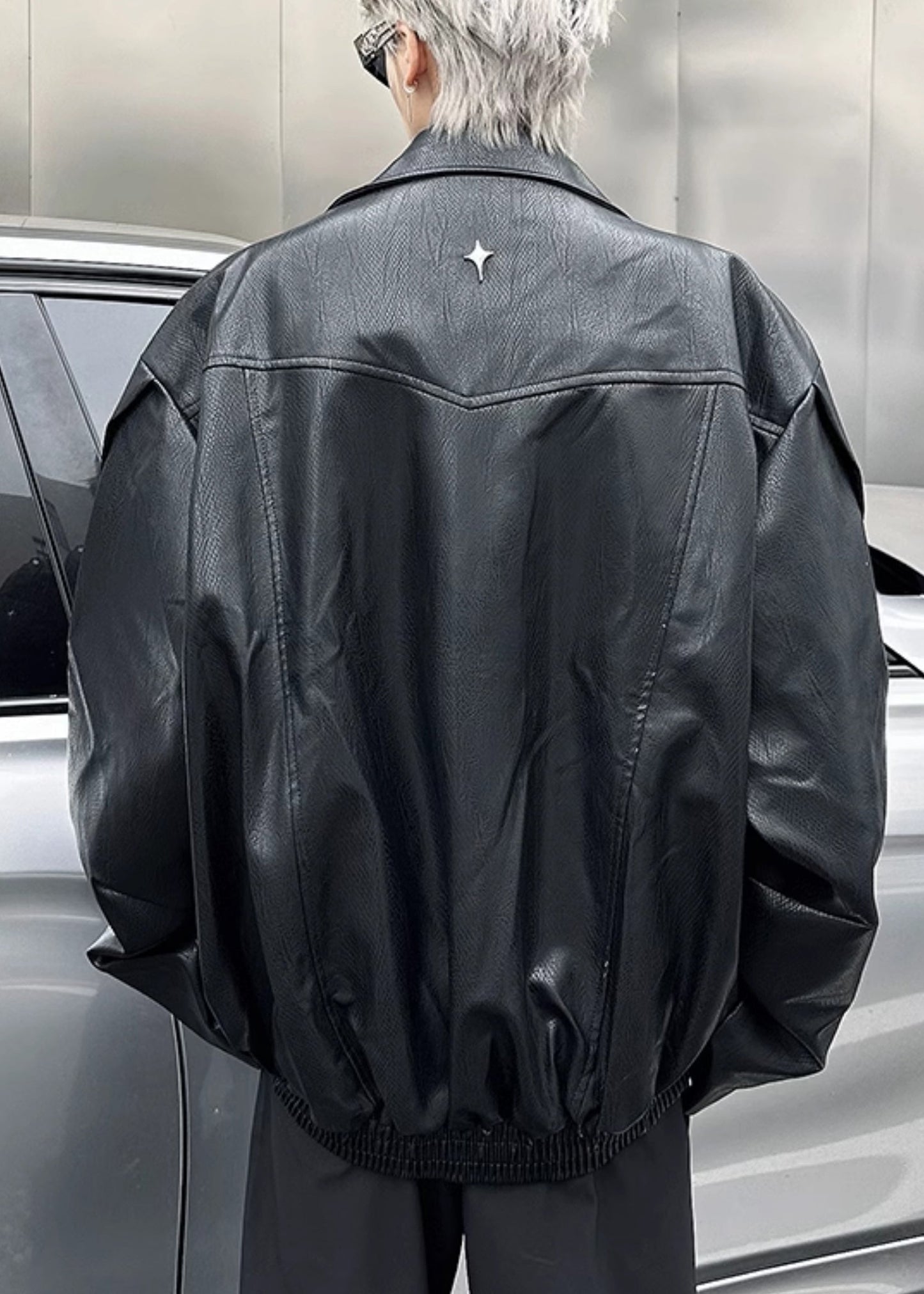 Chic Black Zip Up Faux Leather Mens Coats Peter Pan Collar Spring RN028 ABC