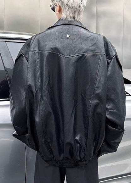 Chic Black Zip Up Faux Leather Mens Coats Peter Pan Collar Spring RN028 ABC