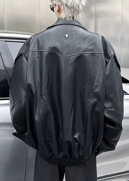 Chic Black Zip Up Faux Leather Mens Coats Peter Pan Collar Spring RN028 ABC