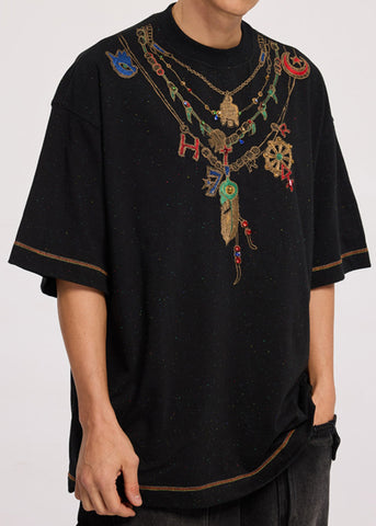 Chic Black Zircon Loose Cotton Men T Shirt Summer LK062 Men-Silk-MENT240630